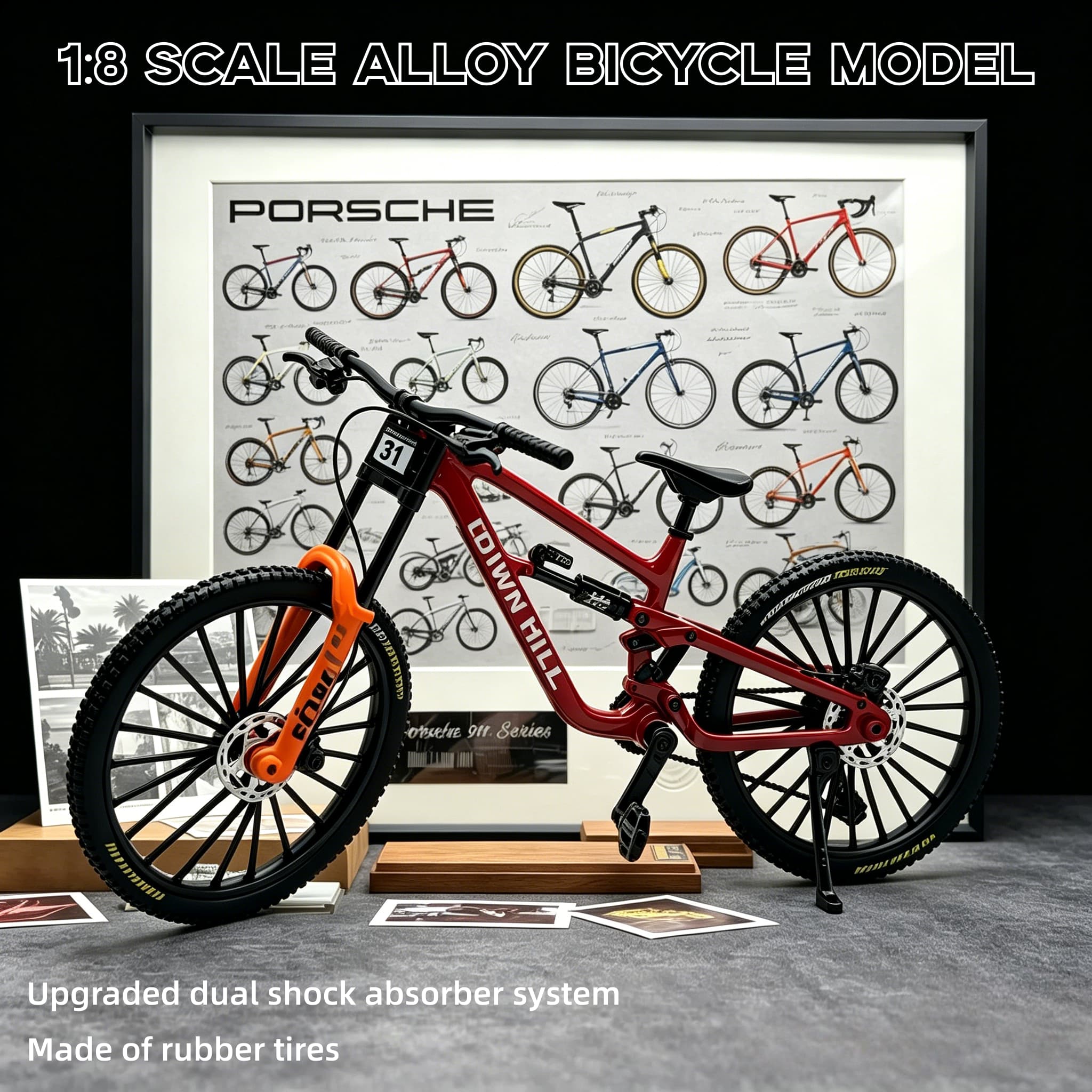 Mountain Biking Track - 1:8 Maßstab Legierungs-Downhill-Mountainbike-Modell, Realistische Vollfederungs-Fahrradreplik mit